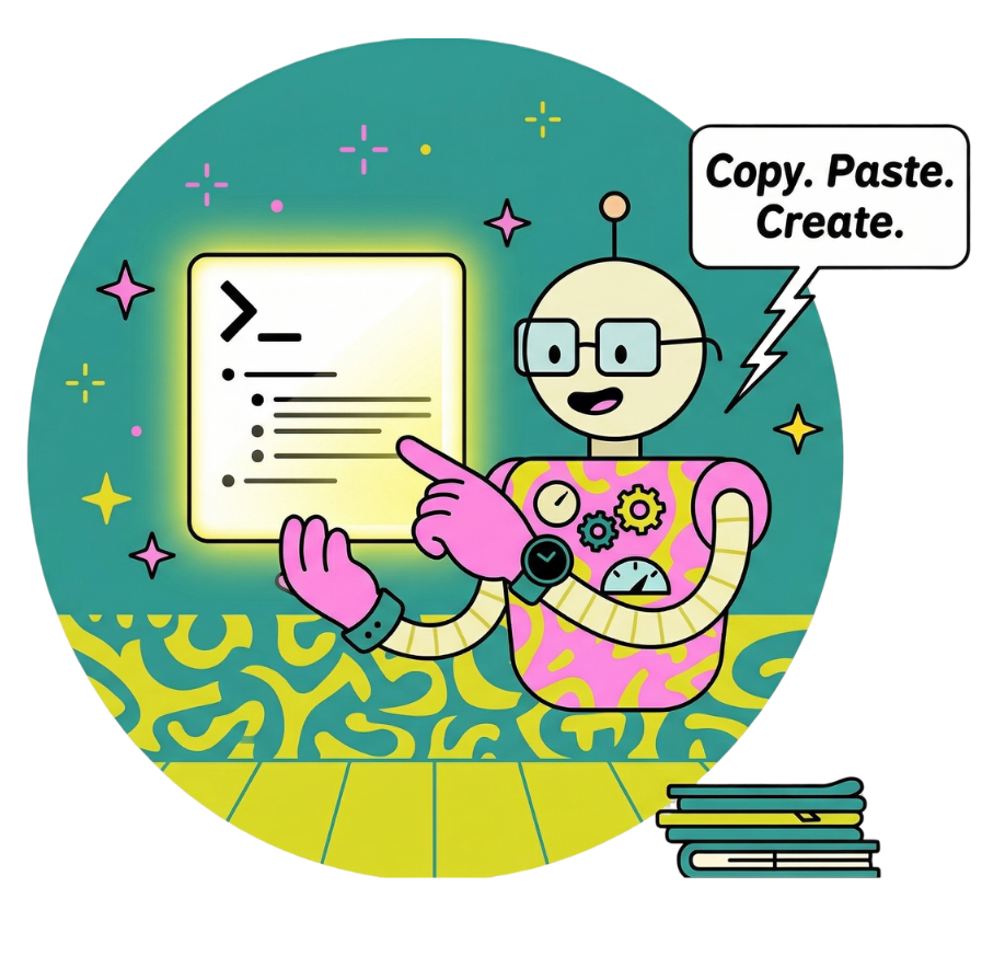 AI robot saying Copy. Paste. Create.